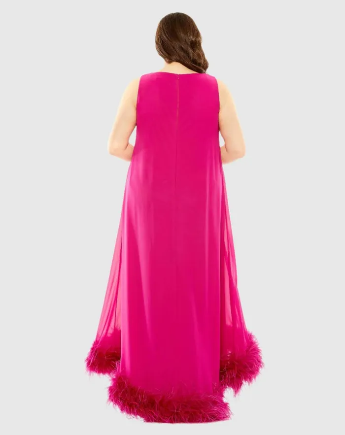 Women Plus Size Dresses Mac Duggal High Neck Feather Hem Dress Fuchsia