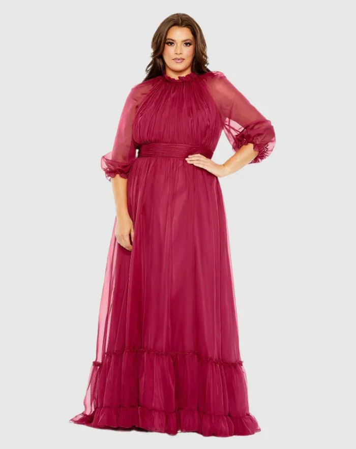 Women Plus Size Dresses Mac Duggal High Neck Puff Sleeve Tiered A Line Dress Crimson