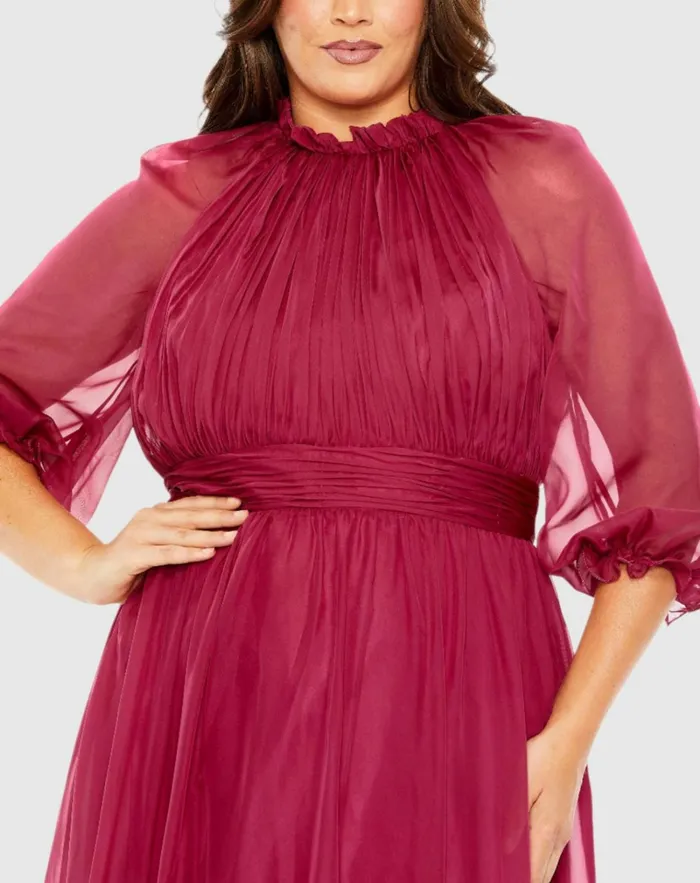 Women Plus Size Dresses Mac Duggal High Neck Puff Sleeve Tiered A Line Dress Crimson