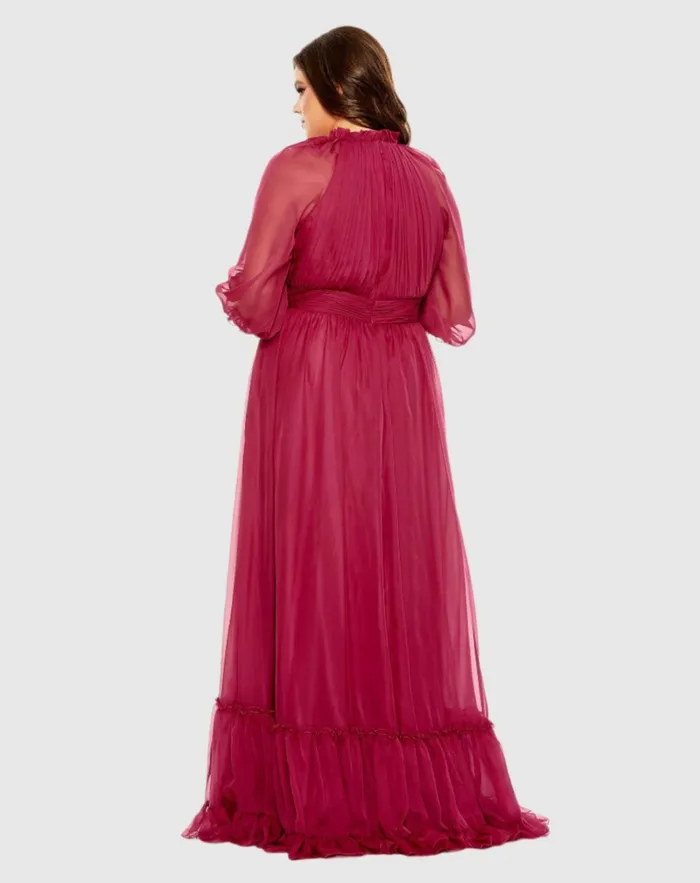 Women Plus Size Dresses Mac Duggal High Neck Puff Sleeve Tiered A Line Dress Crimson
