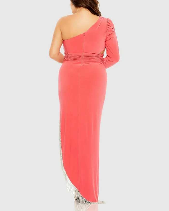 Women Plus Size Dresses Mac Duggal Long Sleeve One Shoulder Fringe Embellished Gown Watermelon Women Plus Size Dresses Mac Duggal Long Sleeve One Shoulder Fringe Embellished Gown Watermelon