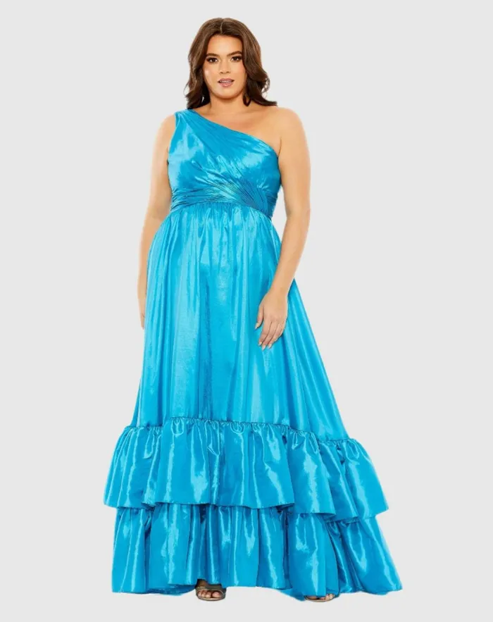 Women Plus Size Dresses Mac Duggal One Shoulder Asymmetrical Ruffle Hem Gown Turquoise