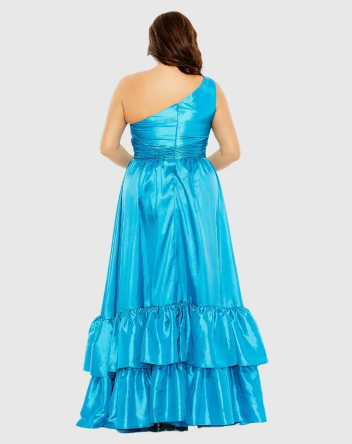 Women Plus Size Dresses Mac Duggal One Shoulder Asymmetrical Ruffle Hem Gown Turquoise Women Plus Size Dresses Mac Duggal One Shoulder Asymmetrical Ruffle Hem Gown Turquoise