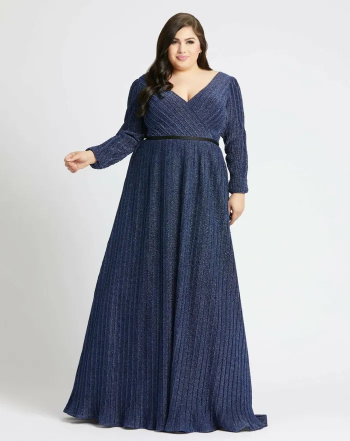 Women Plus Size Dresses Mac Duggal Shimmering VNeck Evening Gown Sapphire