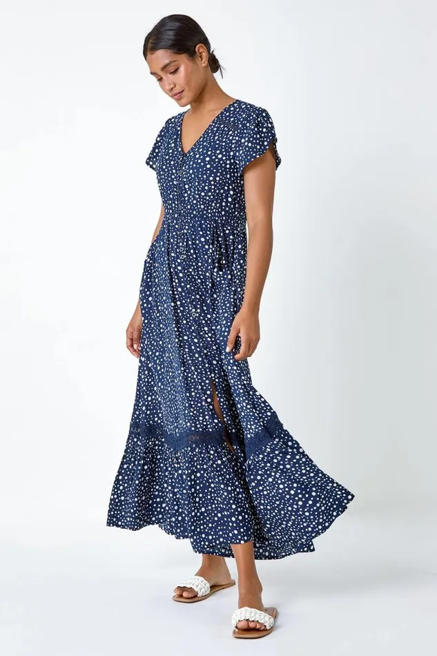 Women Polka Dot Lace Detail Maxi Dress Roman Dresses