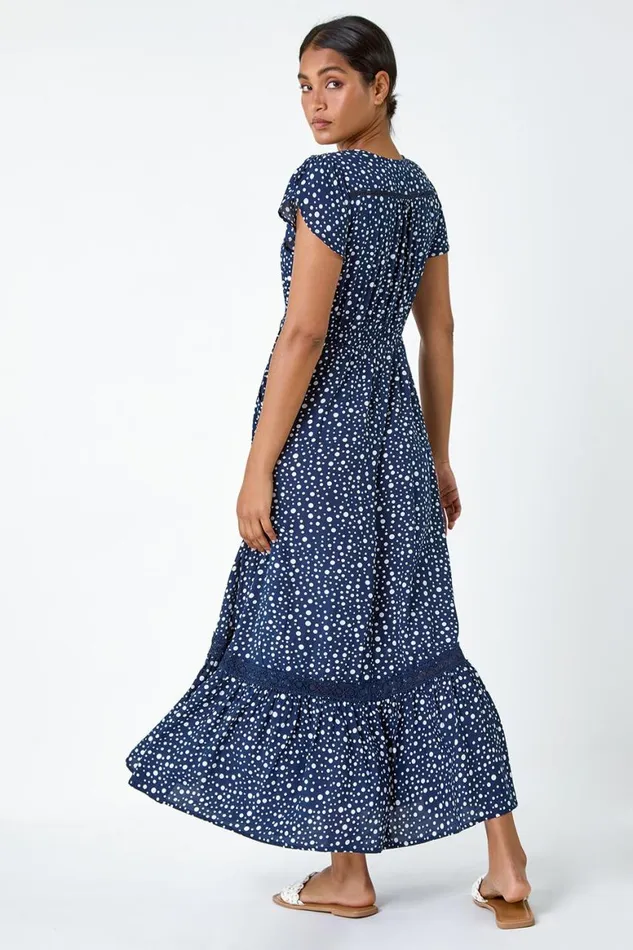 Women Polka Dot Lace Detail Maxi Dress Roman Dresses