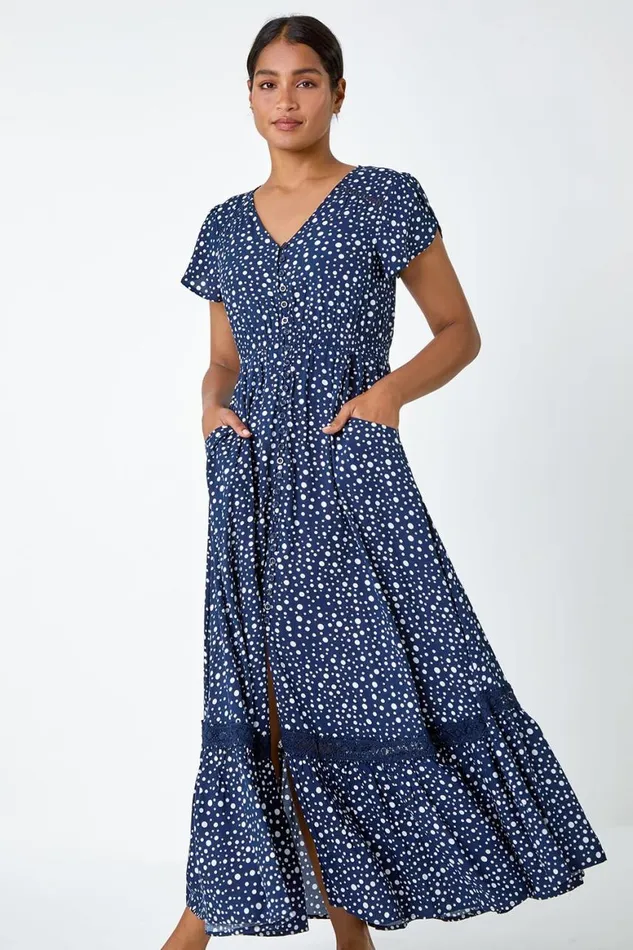 Women Polka Dot Lace Detail Maxi Dress Roman Dresses