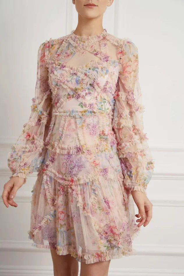 Women Printed Dresses Needle and Thread Floral Diamond Ruffle Dress Multi
