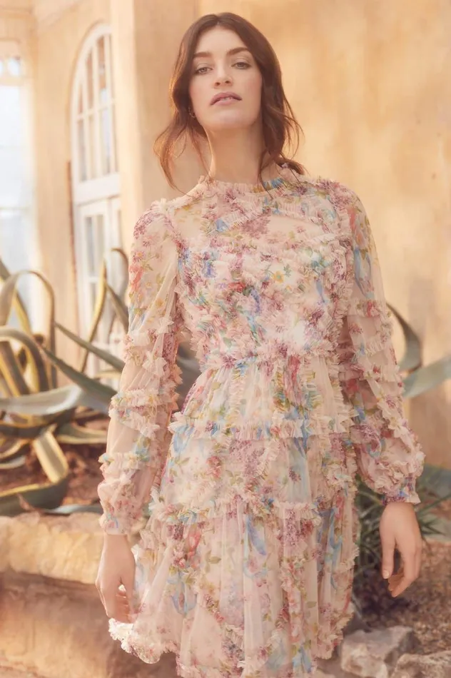 Women Printed Dresses Needle and Thread Floral Diamond Ruffle Dress Multi