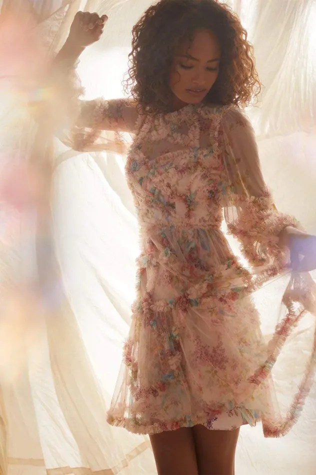 Women Printed Dresses Needle and Thread Floral Diamond Ruffle Dress Multi