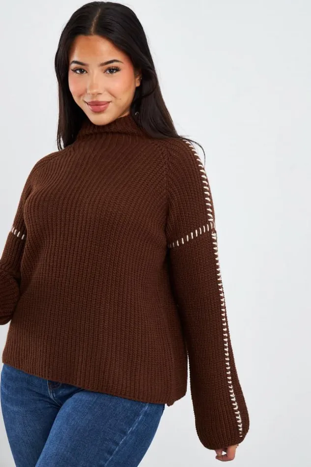 Women Pull Court Marron Coutures Blanches Brown Brentiny Paris Sweaters and Sweatshirts