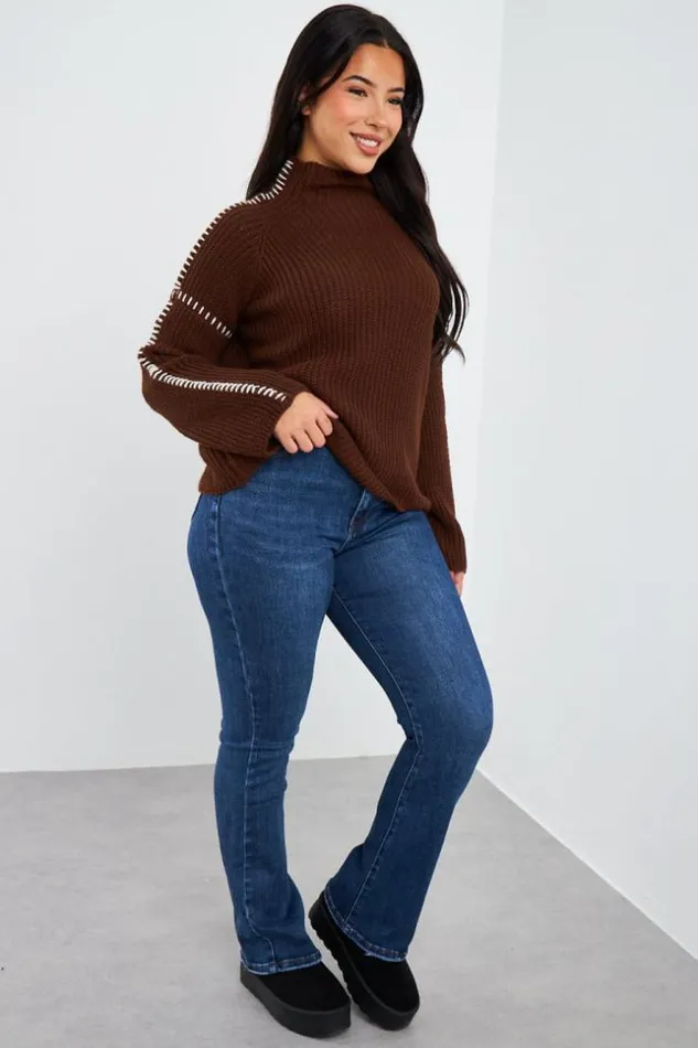 Women Pull Court Marron Coutures Blanches Brown Brentiny Paris Sweaters and Sweatshirts Women Pull Court Marron Coutures Blanches Brown Brentiny Paris Sweaters and Sweatshirts