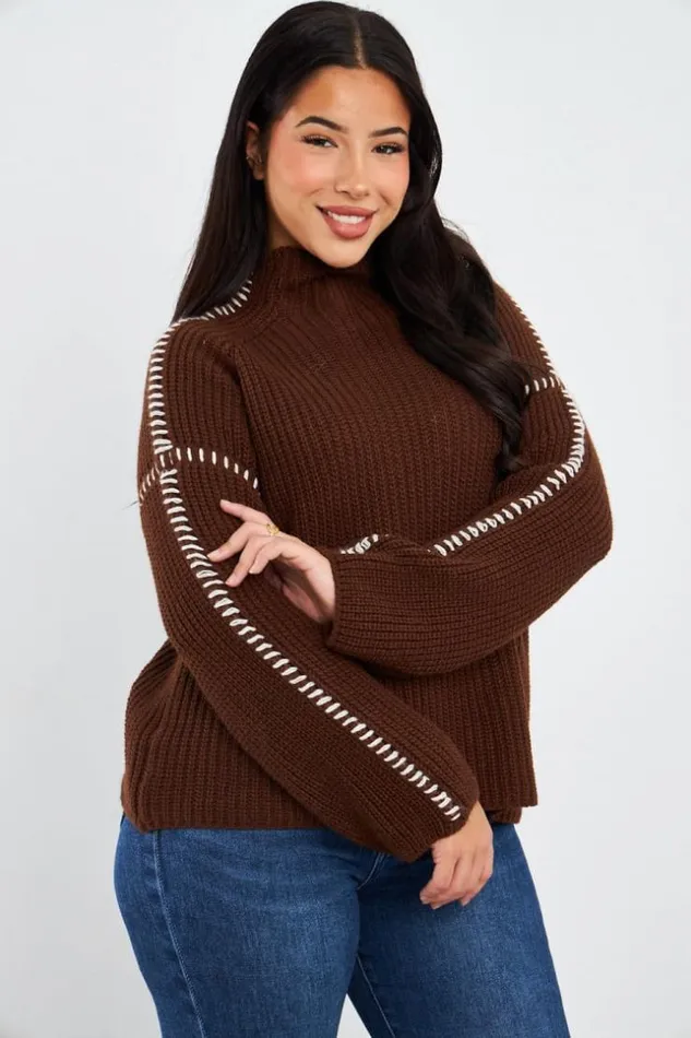 Women Pull Court Marron Coutures Blanches Brown Brentiny Paris Sweaters and Sweatshirts Women Pull Court Marron Coutures Blanches Brown Brentiny Paris Sweaters and Sweatshirts