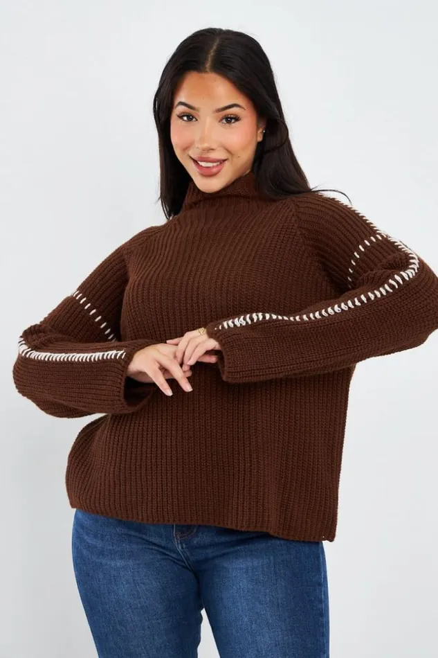 Women Pull Court Marron Coutures Blanches Brown Brentiny Paris Sweaters and Sweatshirts Women Pull Court Marron Coutures Blanches Brown Brentiny Paris Sweaters and Sweatshirts