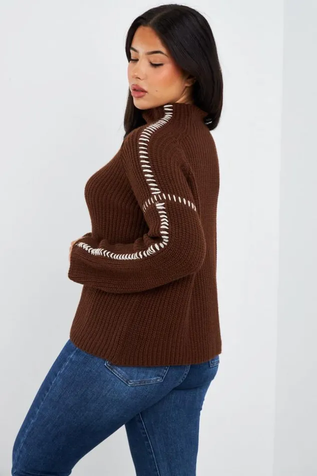 Women Pull Court Marron Coutures Blanches Brown Brentiny Paris Sweaters and Sweatshirts Women Pull Court Marron Coutures Blanches Brown Brentiny Paris Sweaters and Sweatshirts