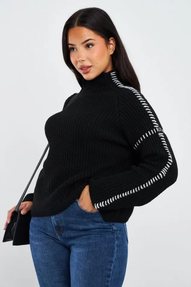 Women Pull Court Noir Coutures Blanches Black Brentiny Paris Sweaters and Sweatshirts