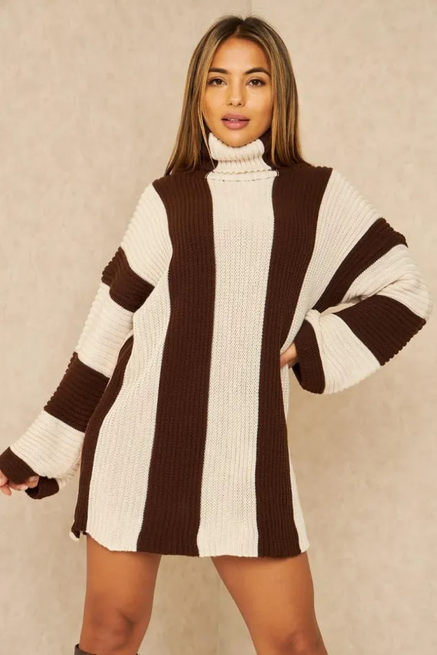 Women Pull Long En Grosses Mailles Rayures Beiges Et Marrons Brown Brentiny Paris Short Dresses Women Pull Long En Grosses Mailles Rayures Beiges Et Marrons Brown Brentiny Paris Short Dresses