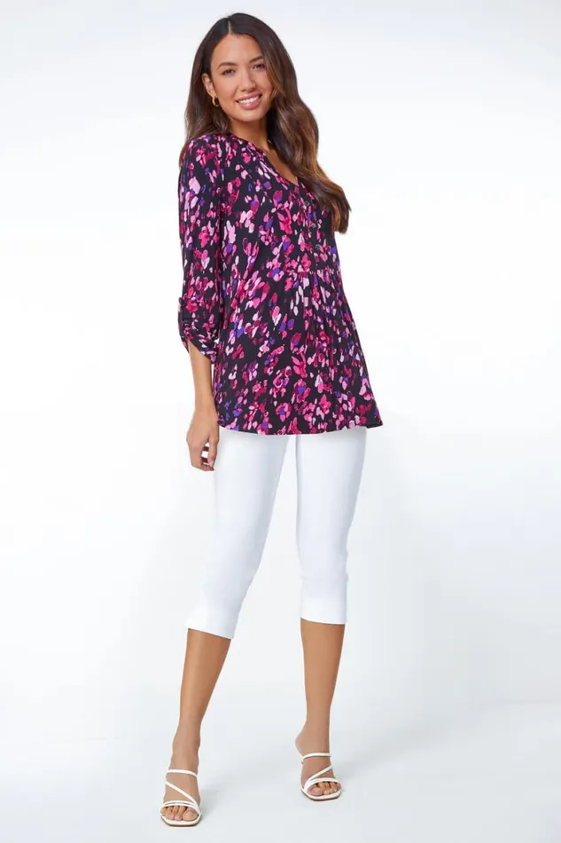 Women Purple Abstract Animal Longline VNeck Tunic Top Roman Tops