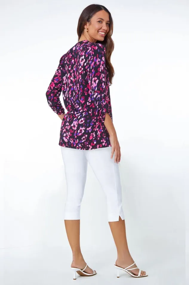 Women Purple Abstract Animal Longline VNeck Tunic Top Roman Tops