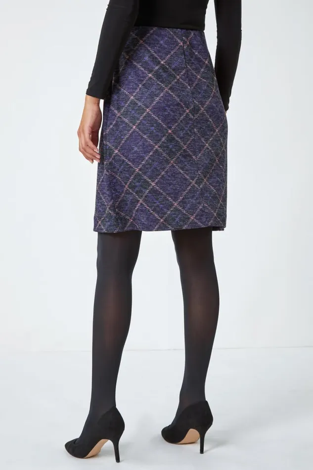 Women Purple Elastic Waist Check Print Pocket A Line Skirt Roman Skirts