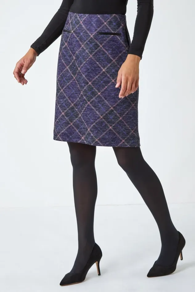 Women Purple Elastic Waist Check Print Pocket A Line Skirt Roman Skirts