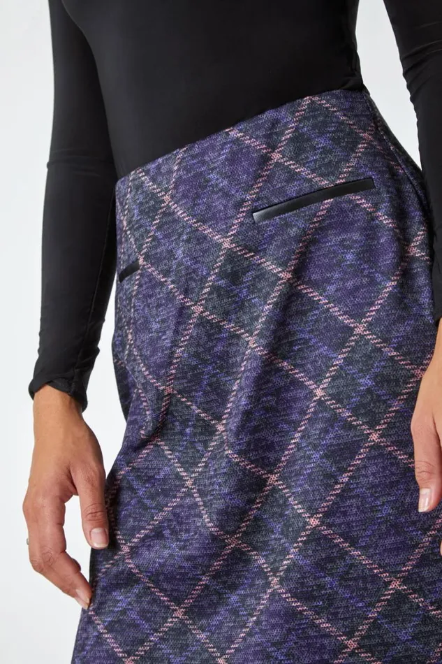 Women Purple Elastic Waist Check Print Pocket A Line Skirt Roman Skirts