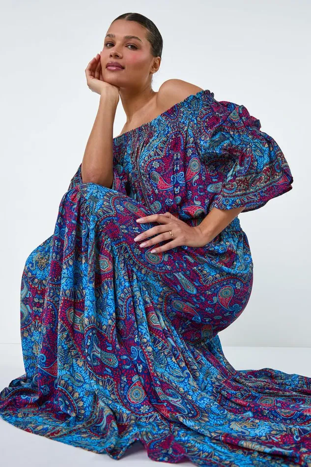 Women Purple Elastic Waist Paisley A Line Maxi Skirt Roman Skirts