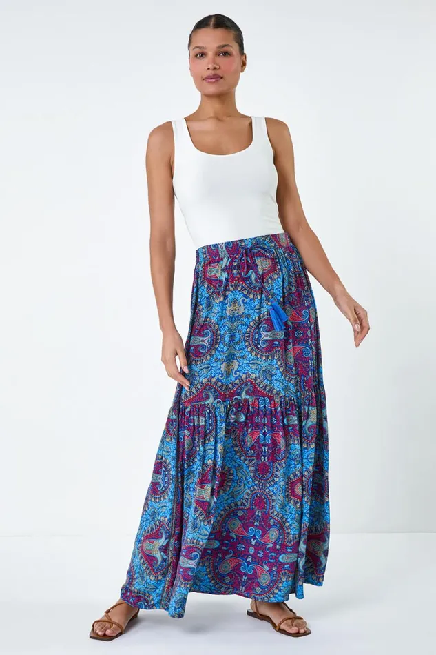 Women Purple Elastic Waist Paisley A Line Maxi Skirt Roman Skirts