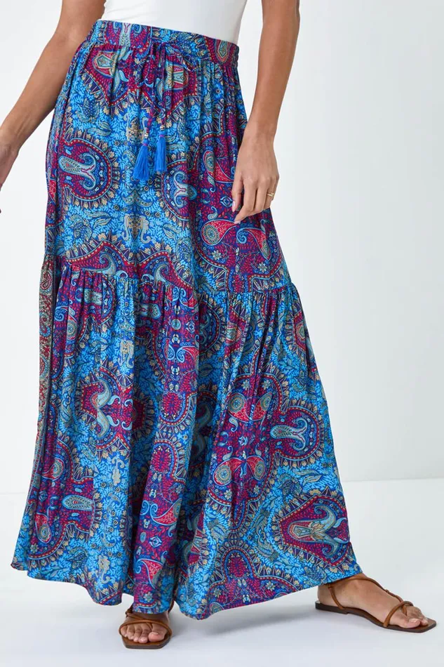Women Purple Elastic Waist Paisley A Line Maxi Skirt Roman Skirts
