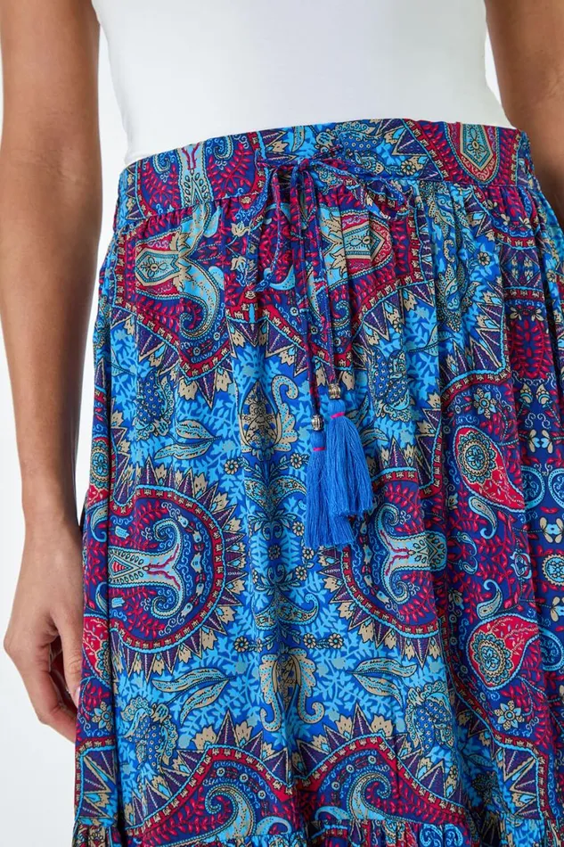 Women Purple Elastic Waist Paisley A Line Maxi Skirt Roman Skirts