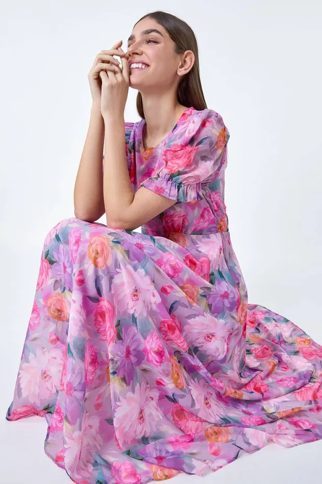 Women Purple Floral Print Puff Sleeve Chiffon Midi Dress Roman Dresses
