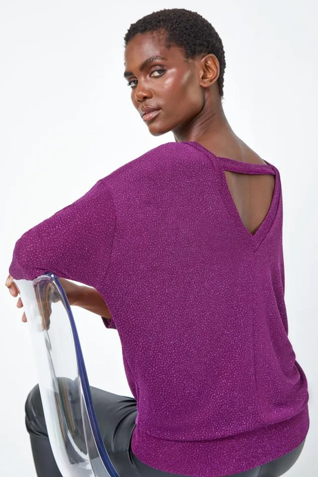 Women Purple Glitter Blouson Stretch Top Roman Tops