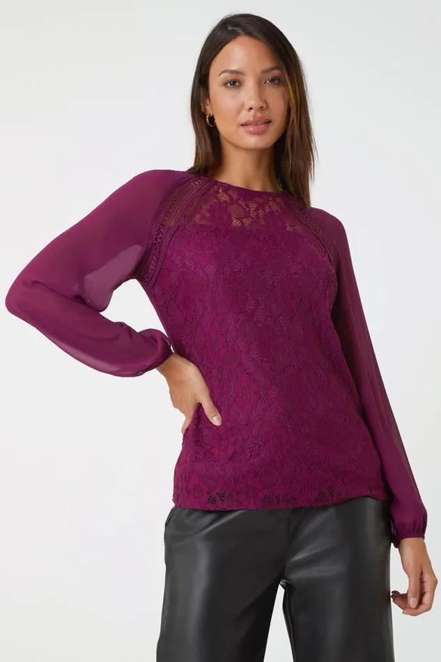 Women Purple Lace Detail Chiffon Sleeve Stretch Top Roman Tops