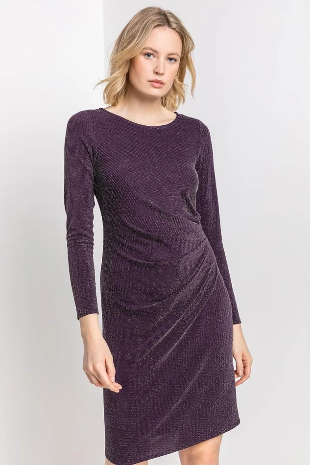 Women Purple Metallic Shimmer Ruched Dress Roman Dresses