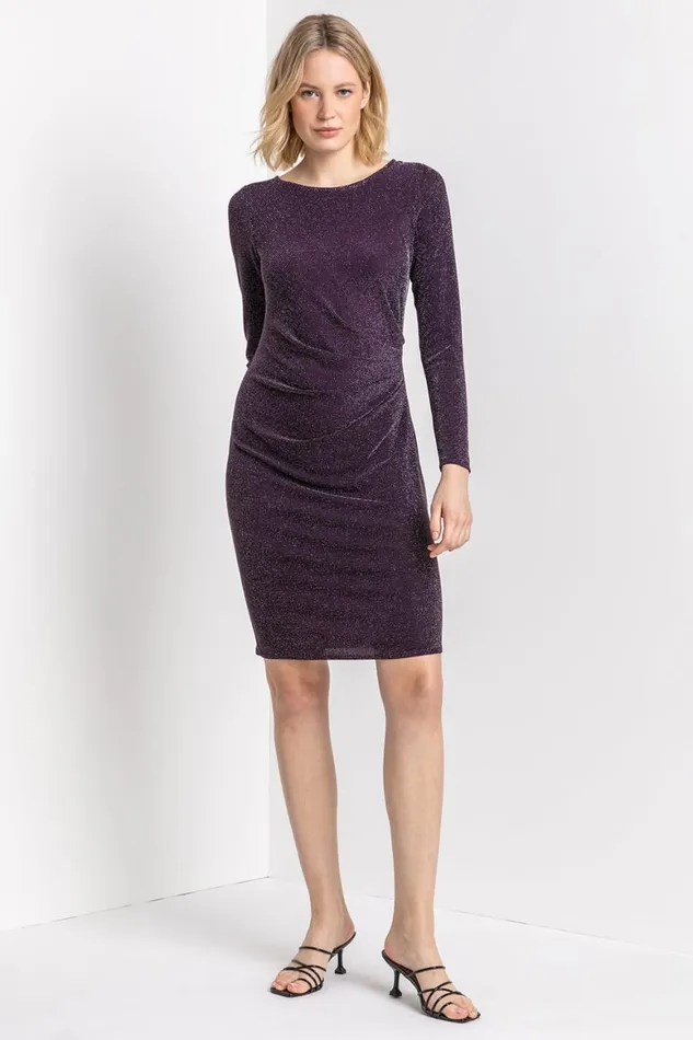 Women Purple Metallic Shimmer Ruched Dress Roman Dresses