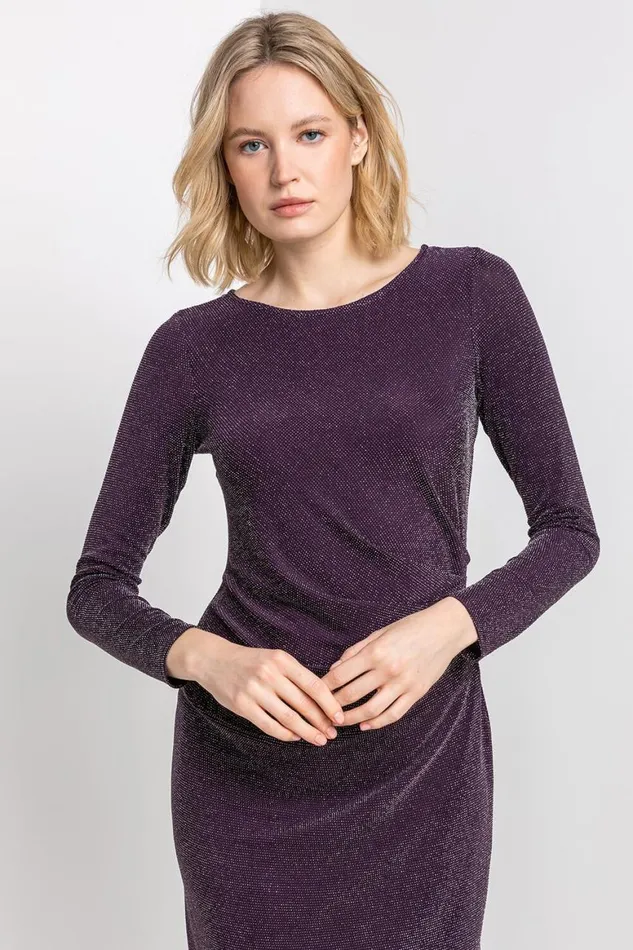 Women Purple Metallic Shimmer Ruched Dress Roman Dresses