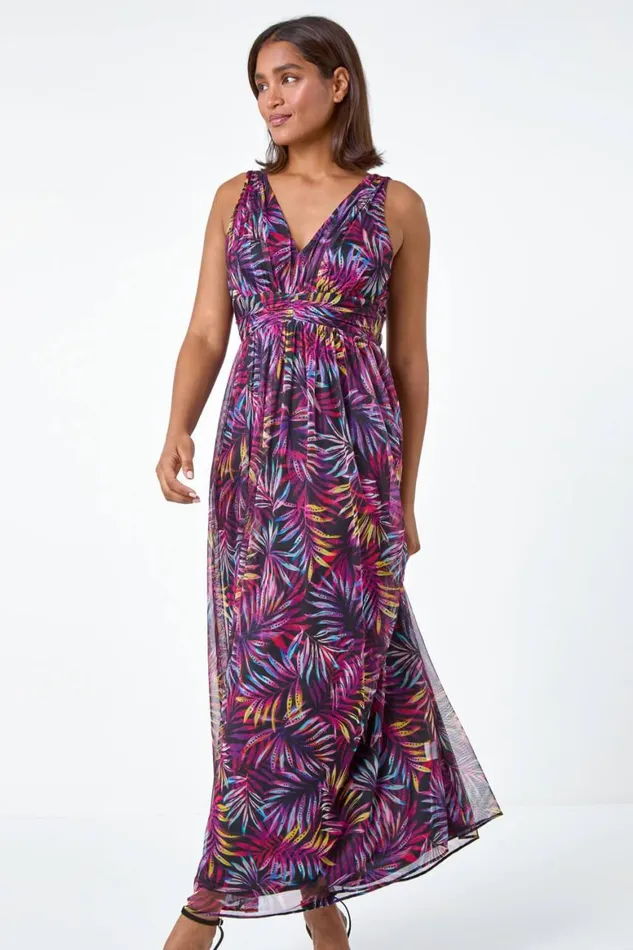 Women Purple Palm Print Mesh Overlay Maxi Dress Roman Dresses