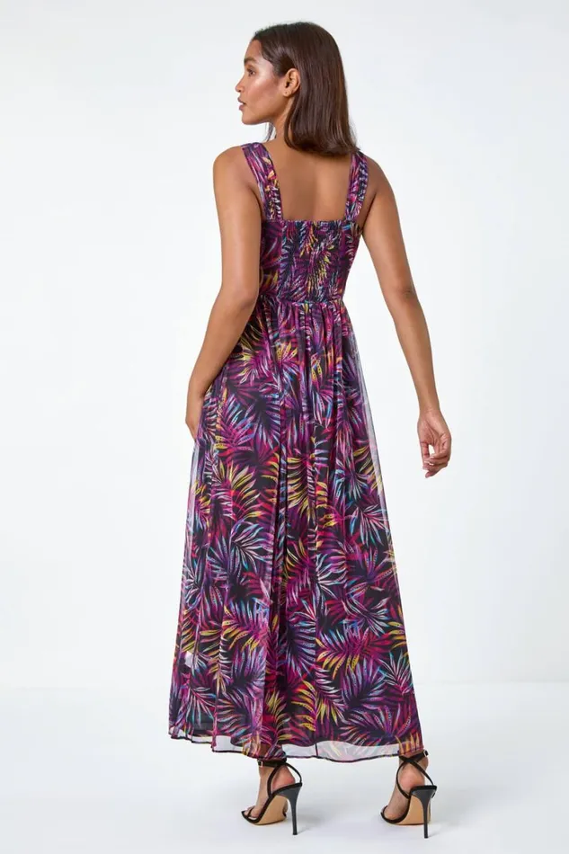 Women Purple Palm Print Mesh Overlay Maxi Dress Roman Dresses