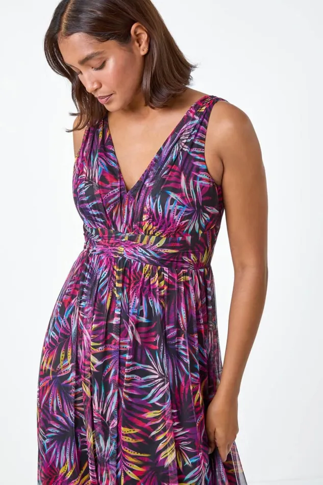 Women Purple Palm Print Mesh Overlay Maxi Dress Roman Dresses