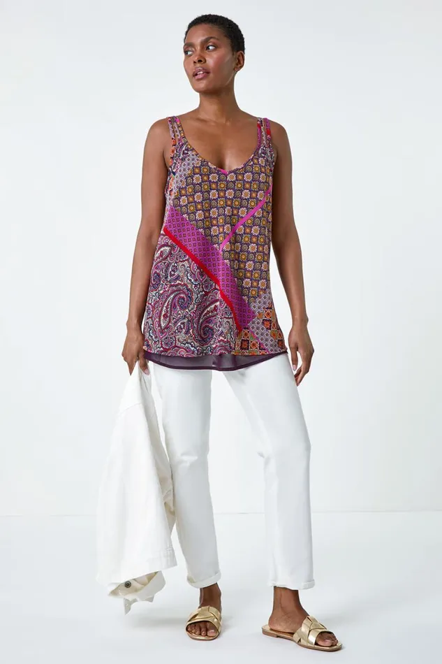 Women Purple Patchwork Paisley Print Cami Top Roman Tops