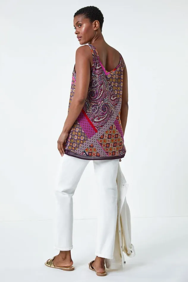 Women Purple Patchwork Paisley Print Cami Top Roman Tops