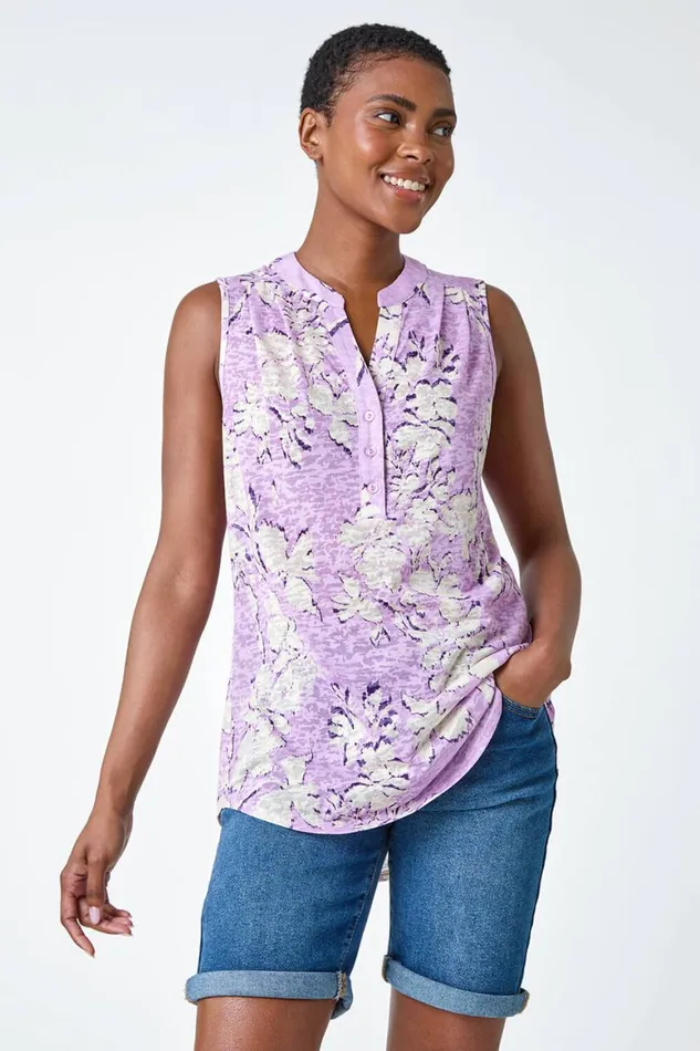 Women Purple Sleeveless VNeck Floral Button Detail Top Roman Tops