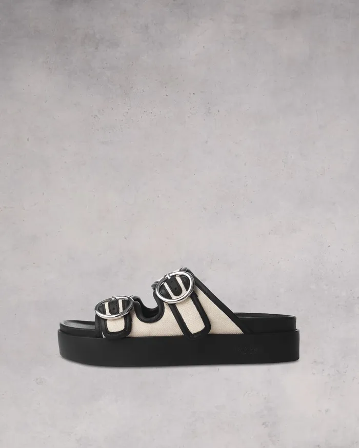 Women Rag and Bone Sandals Geo Buckle Platform Slide Antique Whiteblack