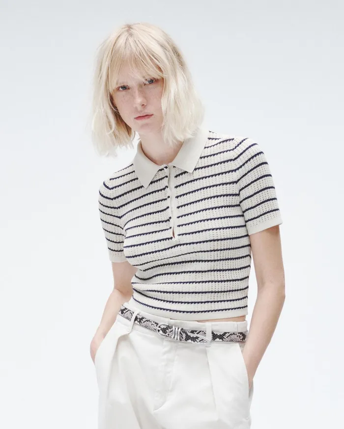 Women Rag and Bone Sweaters Viola Striped Cotton Polo Turtledove Multi