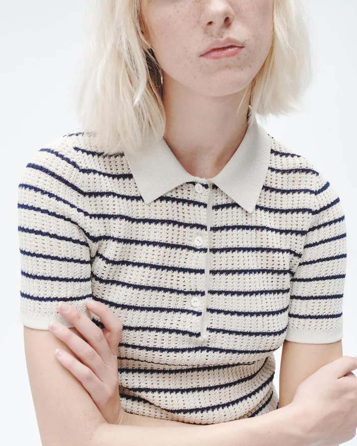 Women Rag and Bone Sweaters Viola Striped Cotton Polo Turtledove Multi Women Rag and Bone Sweaters Viola Striped Cotton Polo Turtledove Multi