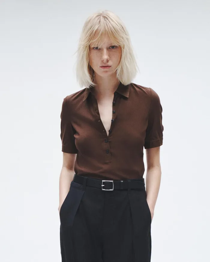 Women Rag and Bone TShirts Ribbed Mixed Media Polo Chocolate