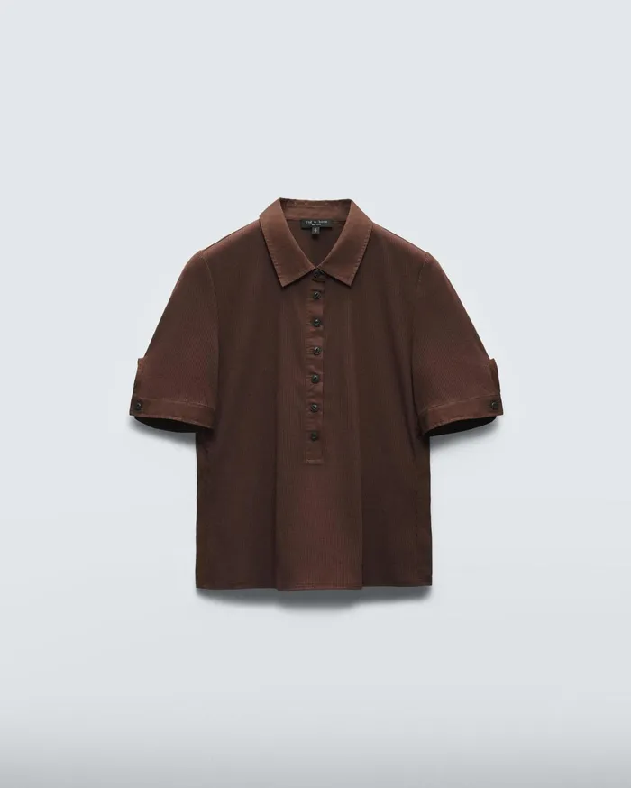 Women Rag and Bone TShirts Ribbed Mixed Media Polo Chocolate Women Rag and Bone TShirts Ribbed Mixed Media Polo Chocolate
