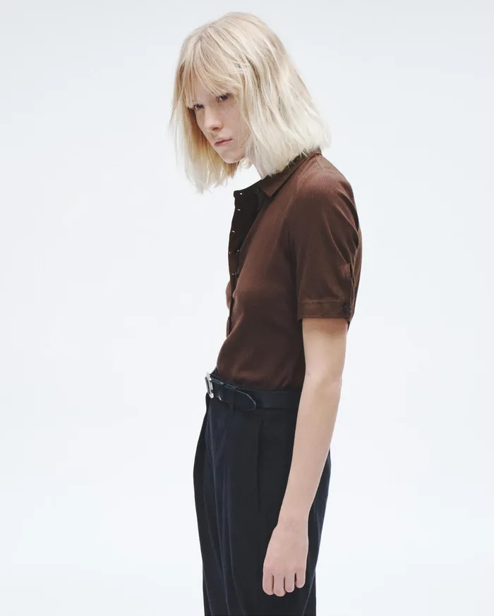 Women Rag and Bone TShirts Ribbed Mixed Media Polo Chocolate Women Rag and Bone TShirts Ribbed Mixed Media Polo Chocolate