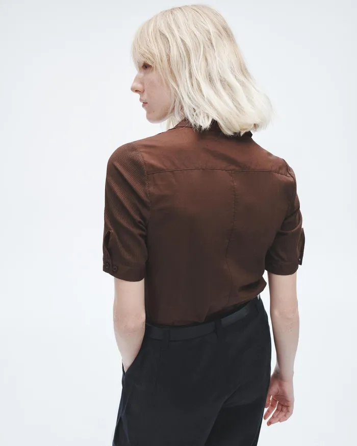 Women Rag and Bone TShirts Ribbed Mixed Media Polo Chocolate Women Rag and Bone TShirts Ribbed Mixed Media Polo Chocolate