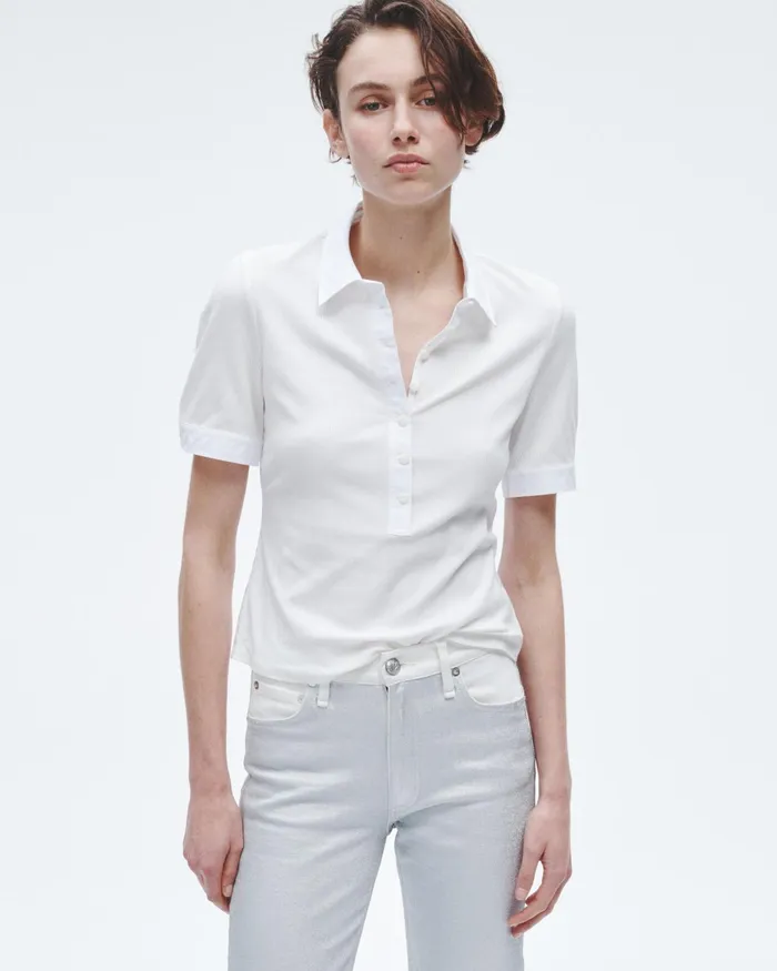Women Rag and Bone TShirts Ribbed Mixed Media Polo White